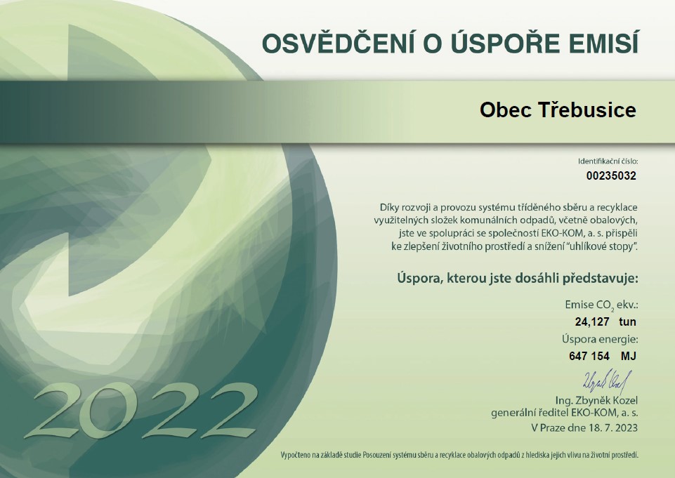 osvědčení o úspoře emisí za rok 2022 vydané společností EKO-KOM